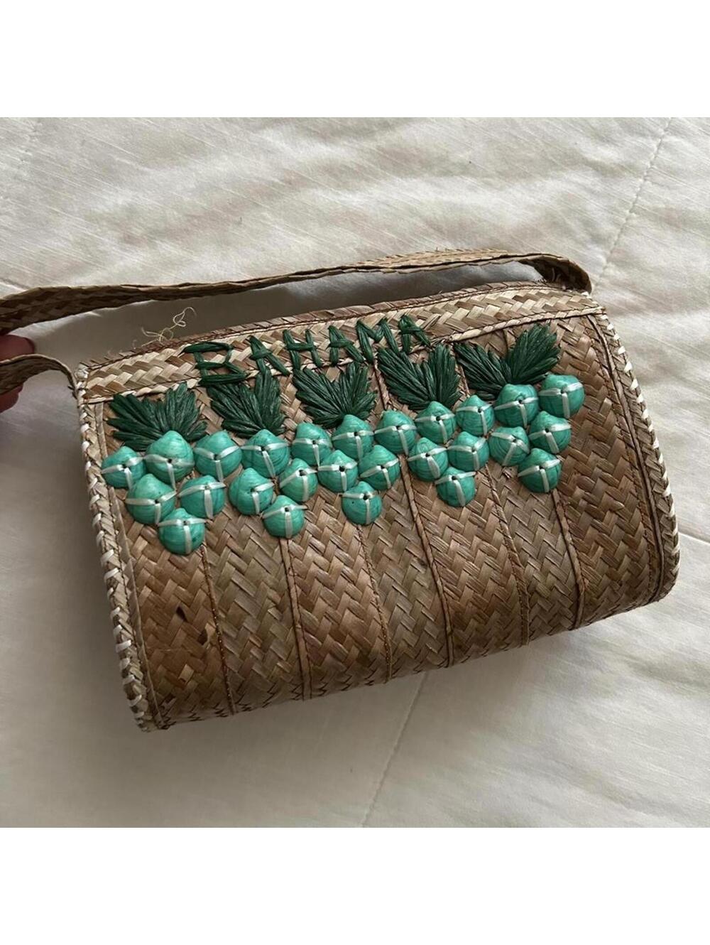 Bahama pineapple beaded shell detail raffia top handle bag